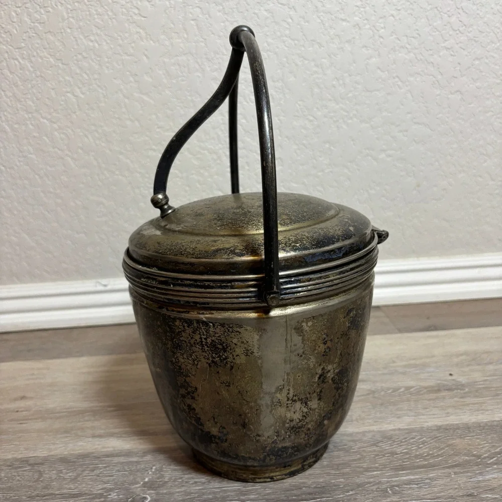 Vintage Silver Plated Ice‎ Bucket Hinged Lid Handle Ornate Lidded Container